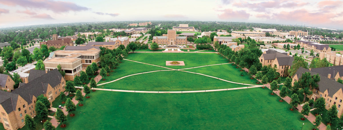 Aerial view of TU looking over Dietler Commons and McFarlin