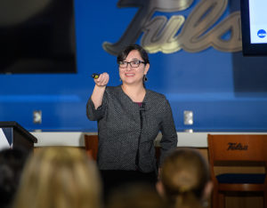 Jessica Wagner, NCAA assistant director of prevention and health promotion, addresses the 2019 American Athletic Conference Academic Consortium Symposium