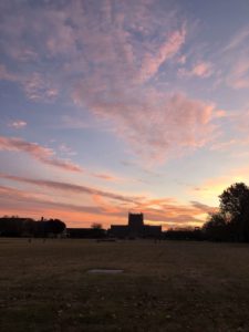 Silhouette of McFarlin Library in the rosy glow of the setting sun