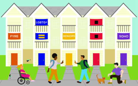 an illustration of five university residences with four cartoon people in front