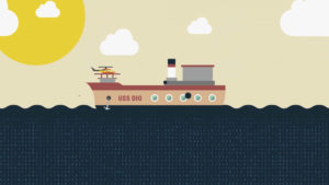 Graphic illustration of a cargo ship sailing on the ocean