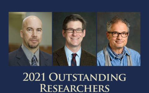 Composite image of three men above the words 2021 Outstanding Researchers