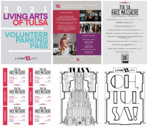 a group of six designs for printed materials for Living Arts of Tulsa