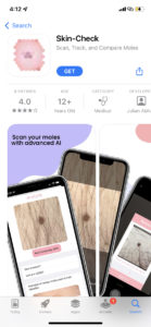 screenshot of a page from the Apple app store depicting three cell phones running a skin-check app