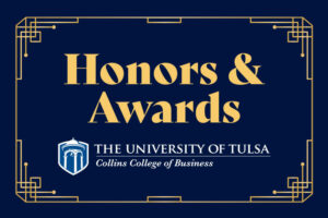 a dark blue rectangle with the words Honors & Awards plus the University of Tulsa Collins College of Business logl