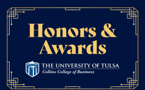 a dark blue rectangle with the words Honors & Awards plus the University of Tulsa Collins College of Business logl