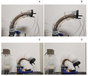four images of a small, tubular-shaped soft-sided robot in various poses