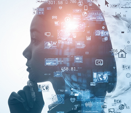 Photograph of a person in profile with numbers and icons swirling around their head