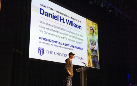 Daniel H. Wilson, New York Times bestselling author, speaking at the University of Tulsa Presidential Lecture Series.