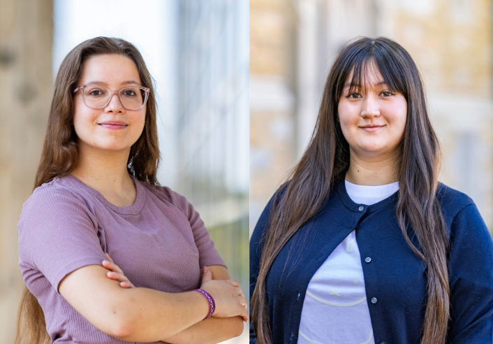 Two students, prospective integrative healthcare studies professionals, smiling outdoors.