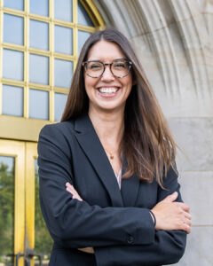 Photograph of Jill Krefft in front of McFarlin Library