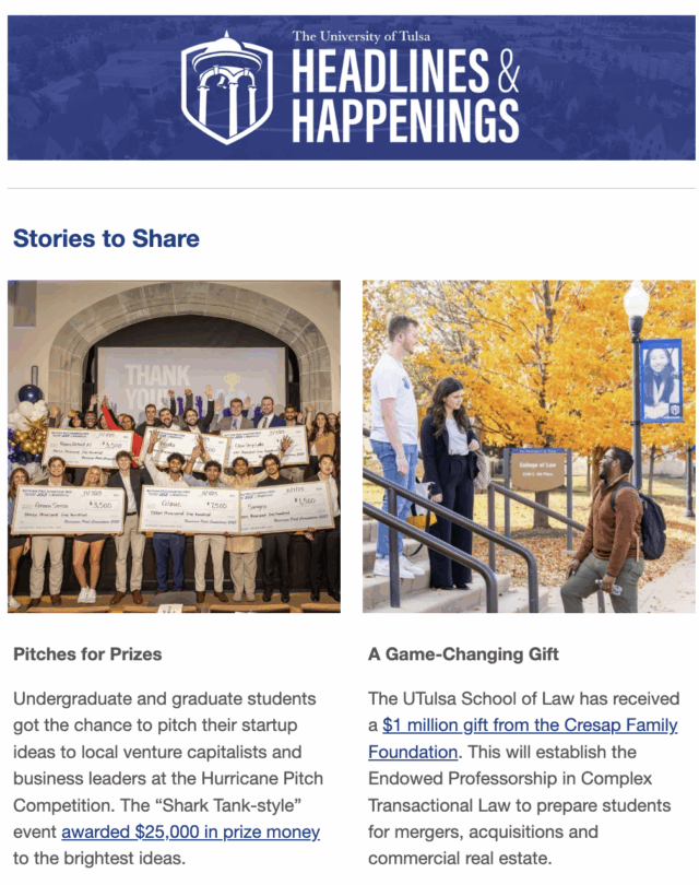 The University of Tulsa "Headlines & Happenings" featuring students with oversized prize checks and law school exterior.