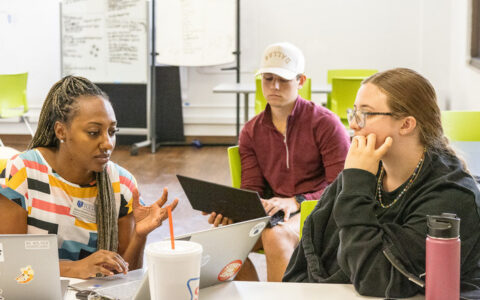 UTulsa students collaborating in the JOLT Lounge, made possible by the Paul Coury donation.