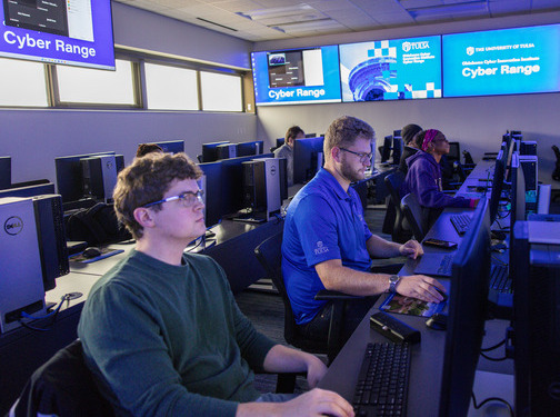Students at computers in the Oklahoma Cyber Innovation Institute's Cyber Range.