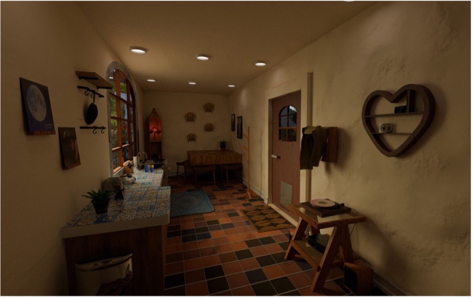Cozy kitchen with tiled floor, heart-shaped shelf, and window view, showcasing a comfortable interior design.