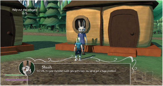 Game screenshot showing a rabbit-like character named Shash asking for help in a village. Text: "Help out the villagers 0/5