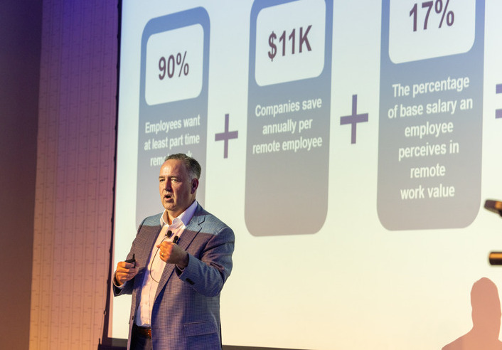 Chris Crawford presenting remote work stats: 90% want remote, $11K saved, 17% value.