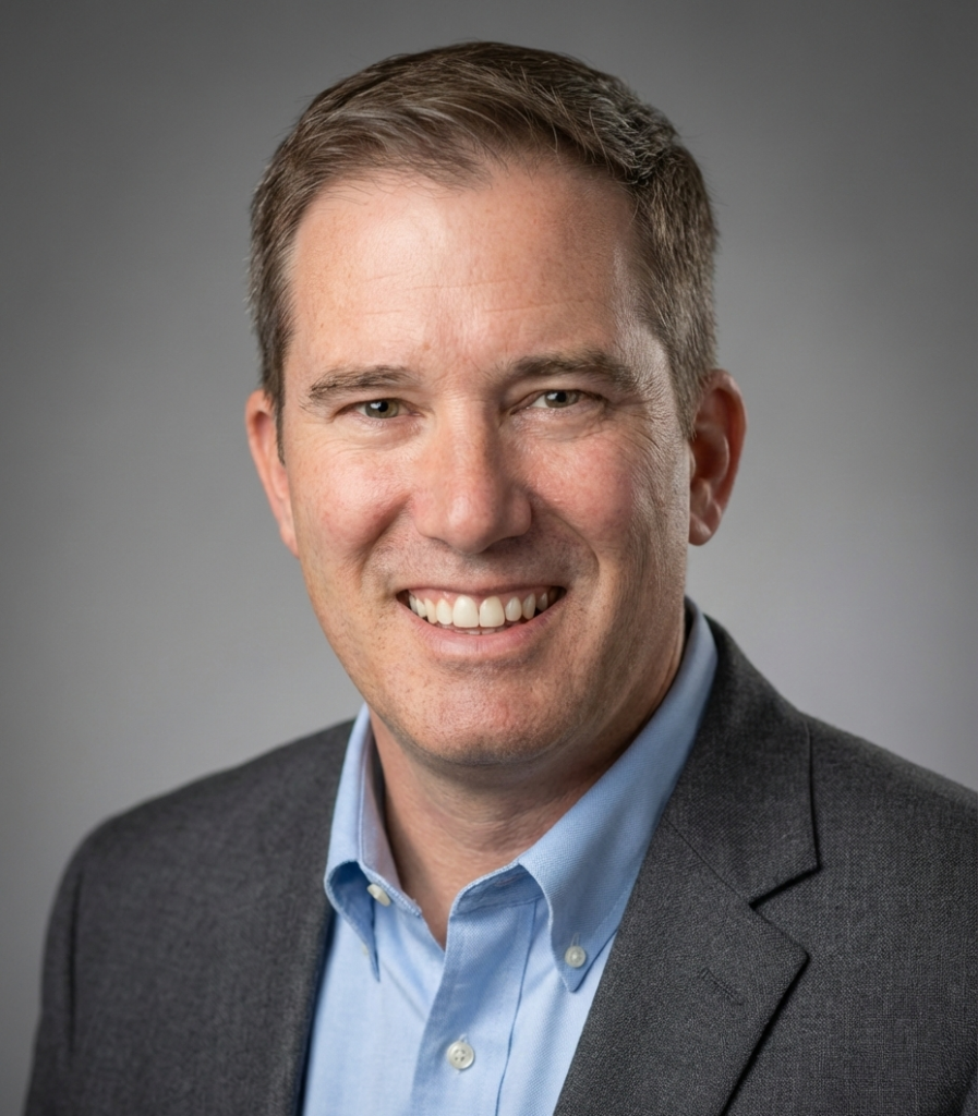 Man in suit and blue shirt smiling. UTulsa alumni profile.