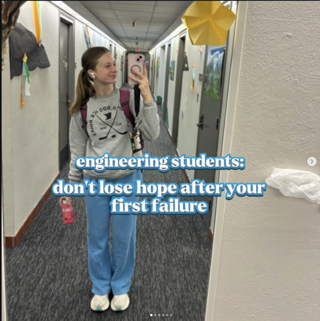 Engineering student in hallway mirror selfie. Text: "engineering students: don't lose hope after your first failure.