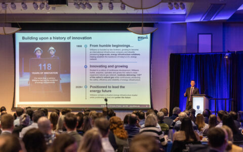 Williams CEO presents company history at Tulsa event. Slide: "Building upon a history of innovation.