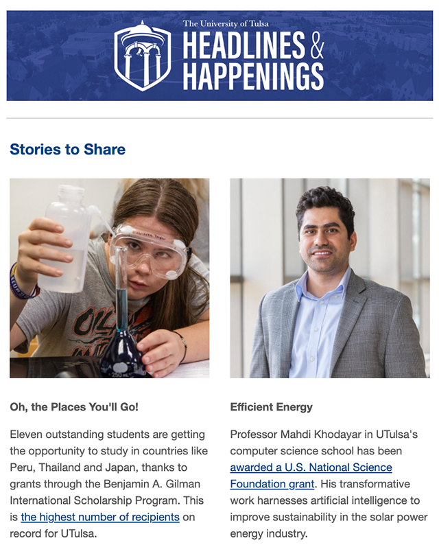 The University of Tulsa's "Headlines & Happenings" featuring a student with beakers and Professor Mahdi Khodayar.