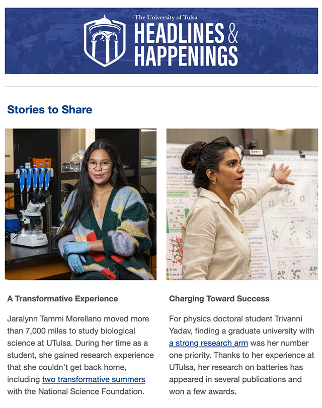 University of Tulsa's "Headlines & Happening" featuring two students and their research.
