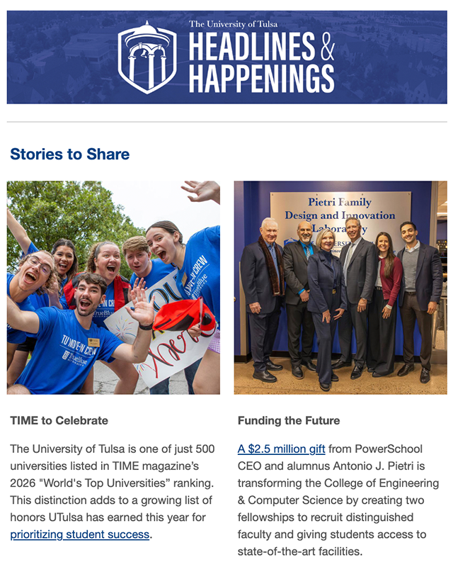 University of Tulsa's "Headlines and Happenings" featuring students celebrating TIME ranking and Pietri Family Design and Innovation Laboratory