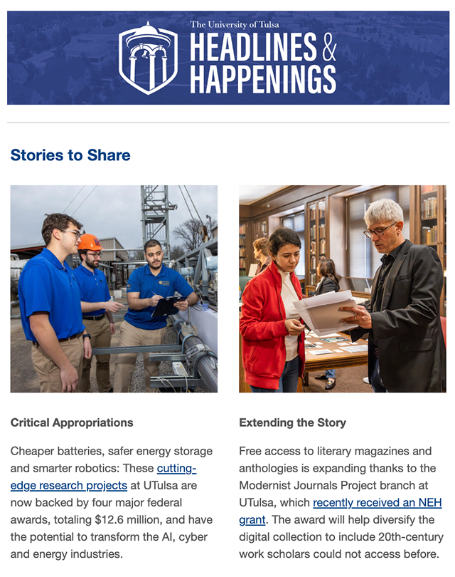 UTulsa Headlines & Happenings featuring students collaborating on research projects and a student and professor examining literary documents.