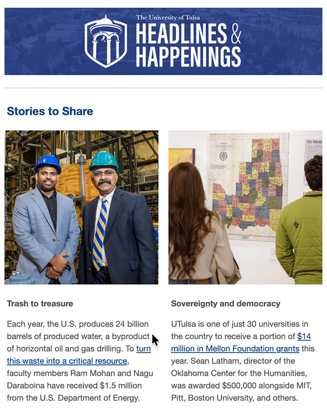 The University of Tulsa "Headlines and Happenings" featuring two men in hard hats stand in an industrial setting and people viewing a map.