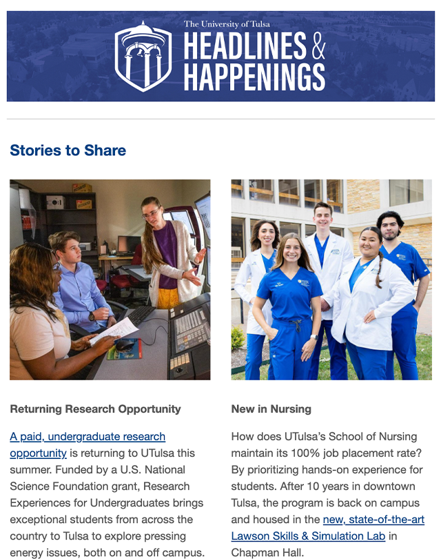 The University of Tulsa's "Headlines & Happenings" featuring engineering and nursing students.