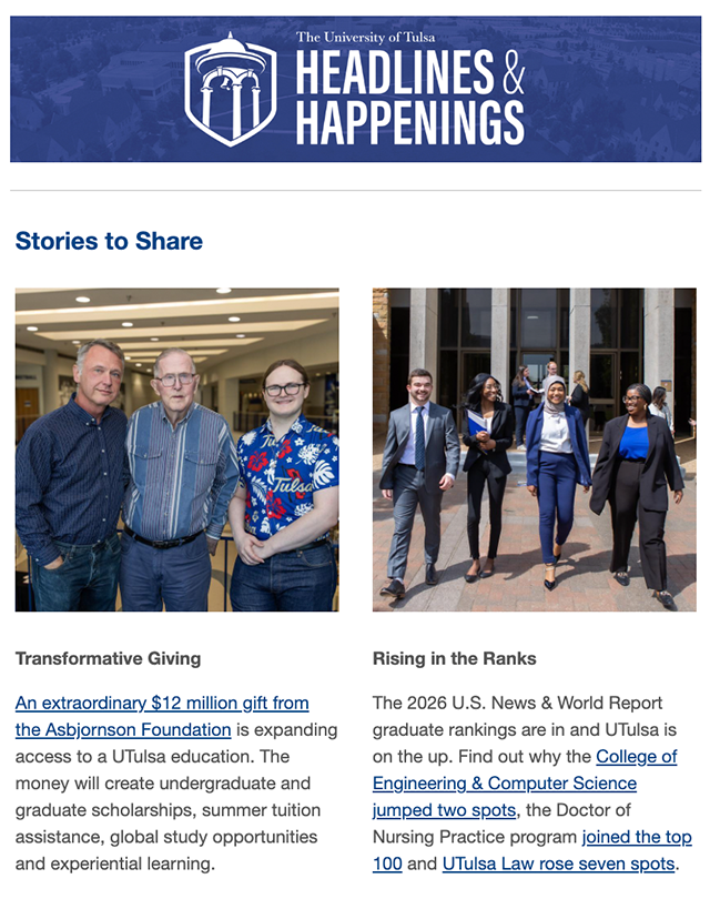 University of Tulsa's "Headlines & Happenings" featuring the Asbjornson family and UTulsa law students.