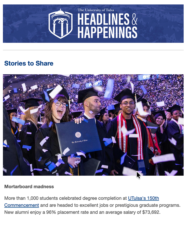 The University of Tulsa "Headlines & Happenings" featuring graduates celebrating at commencement.