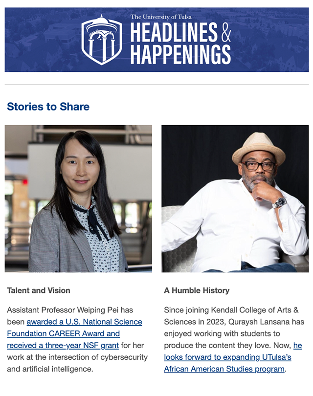 The University of Tulsa's "Headlines & Happenings" featuring Professors Weiping Pei and Quraysh Lansana.