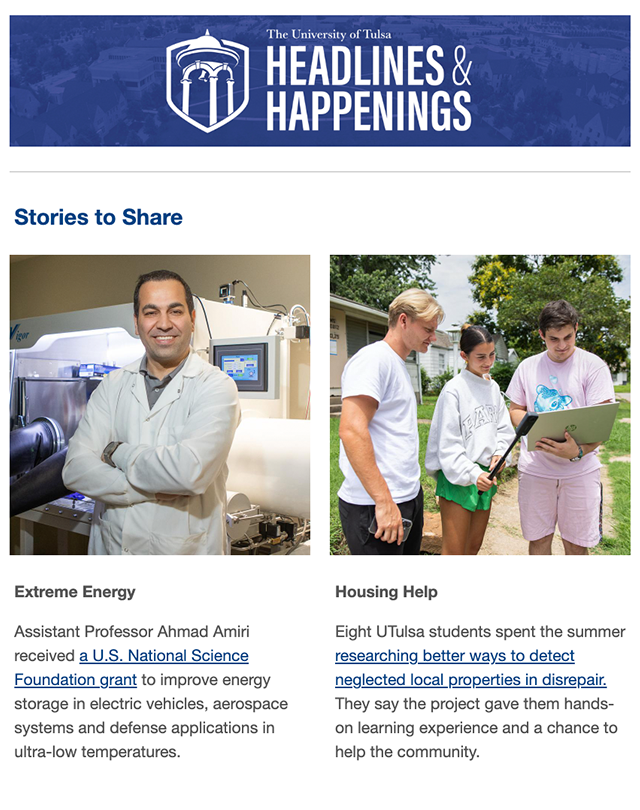 The University of Tulsa "Headlines & Happenings" featuring Professor Ahmad Amiri and students researching housing help.