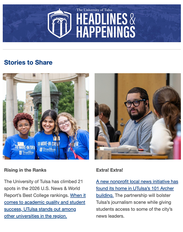 The University of Tulsa "Headlines & Happenings" featuring students in TrueBlue shirts and a journalist from The Tulsa Flyer