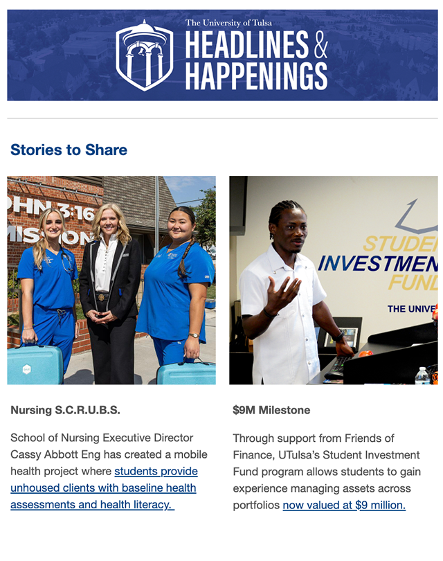 The University of Tulsa "Headlines & Happenings" featuring nursing students and director and a business student.