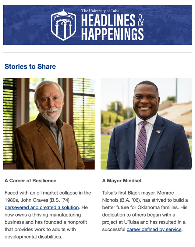 The University of Tulsa's "Headlines & Happenings" featuring alumni John Graves and Mayor Monroe Nichols.