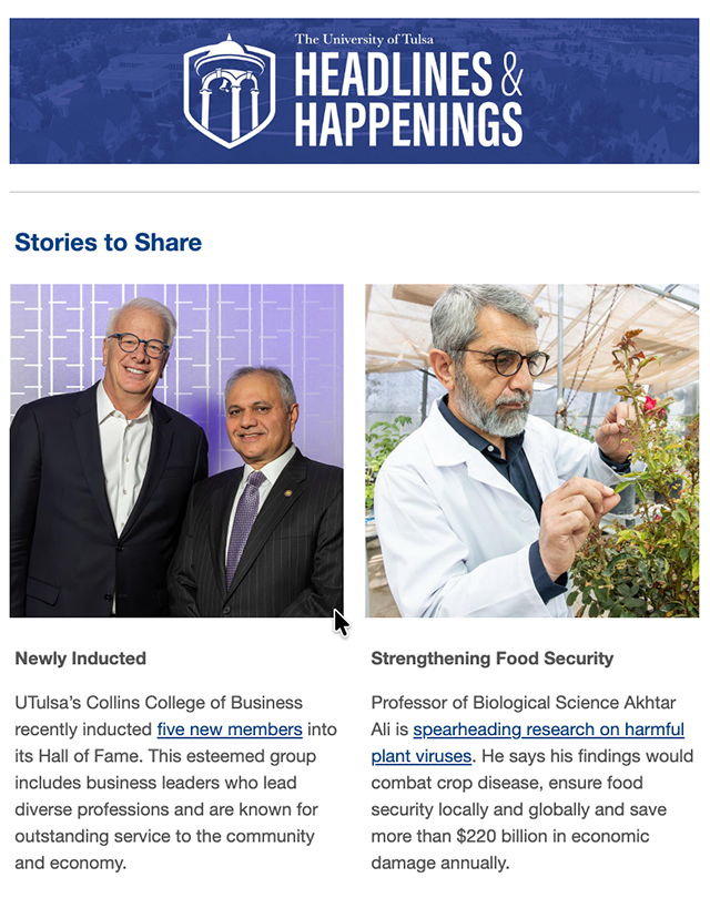 The University of Tulsa's "Headlines & Happenings" featuring two men in suits and Pofessor Akhtar Ali examining a plant in a greenhouse.