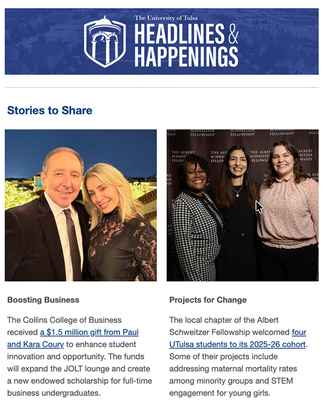 The University of Tulsa's "Headlines & Happenings" featuring Paul and Kara Coury and Albert Schweitzer Fellowship Tulsa students.