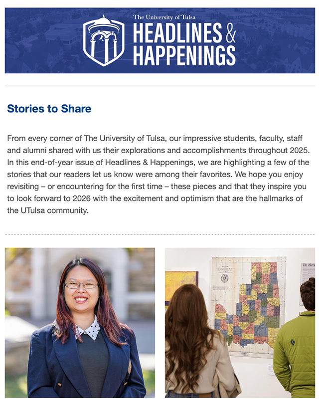The University of Tulsa's "Headlines & Happenings" featuring a smiling professor and people visiting an exhibit on Native American sovereignty.