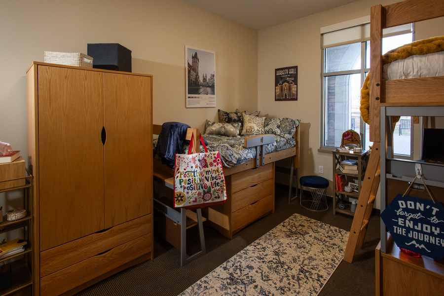Hardesty Hall dorm room with lofted bed, wardrobe, and rug.