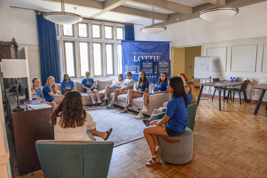 University of Tulsa's Lottie Jane Mabee Hall residents gather in a common area.