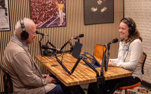 UTulsa student podcast recording with two people at microphones.