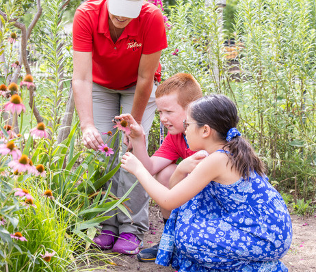 Adult teaching children about flowers during an outdoor event.