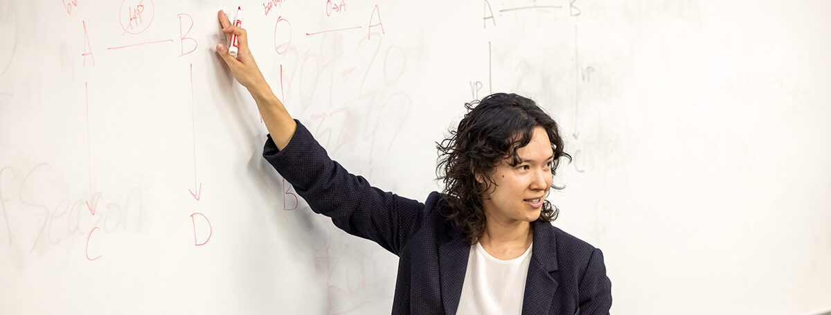 Professor Alex Fay explains diagram on whiteboard, pointing with marker