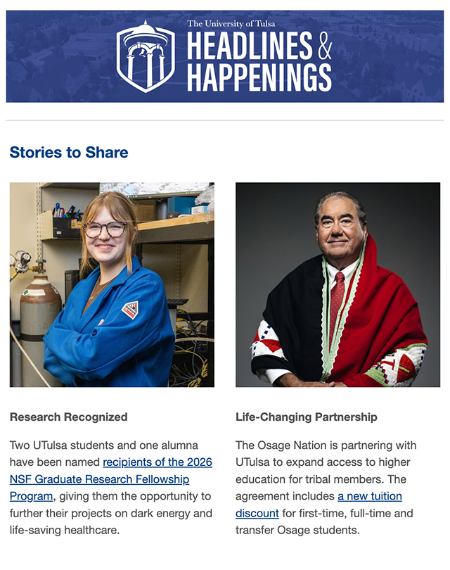 The University of Tulsa Headlines & Happenings featuring an ECS student smiling and Osage Chief Standing Bear