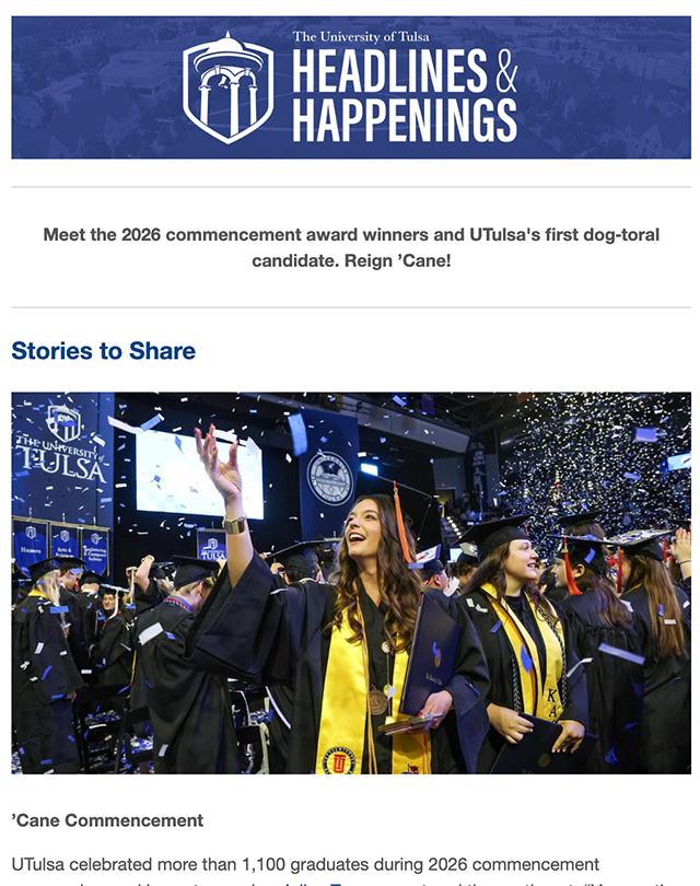 Graduating students celebrating at UTulsa 2026 commencement, Reign 'Cane leads