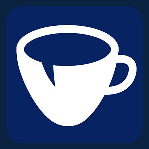 White coffee cup icon with a speech bubble cutout, 7 cups logo