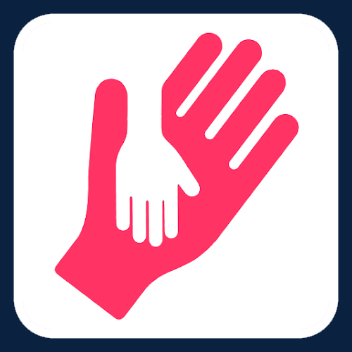 Pink hand cradling a smaller white hand, What's Up app logo