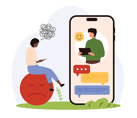 Woman on sad face ball texting, receiving positive messages on phone